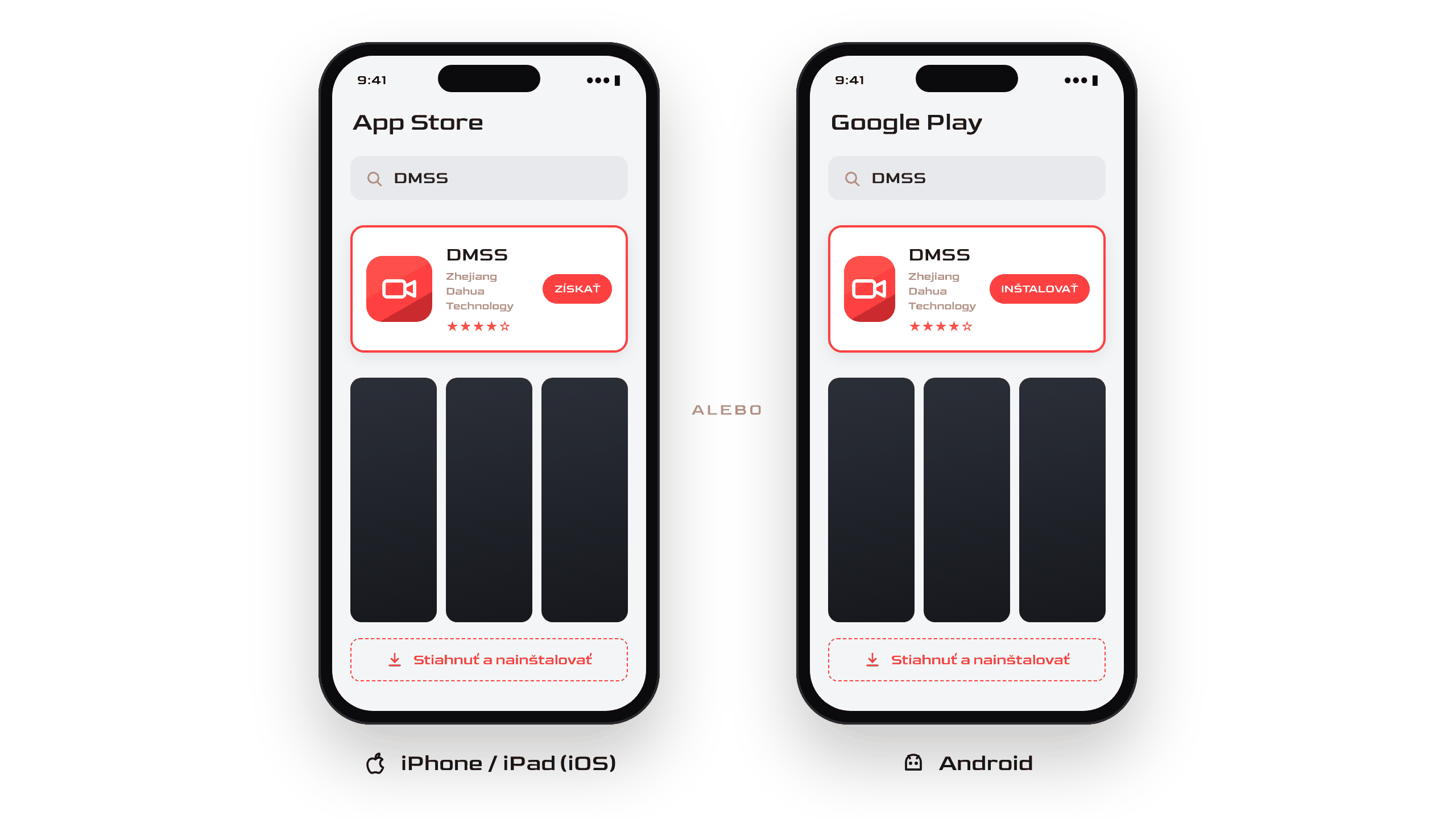 Vyhľadanie a inštalácia aplikácie DMSS v App Store (iOS) a Google Play (Android)